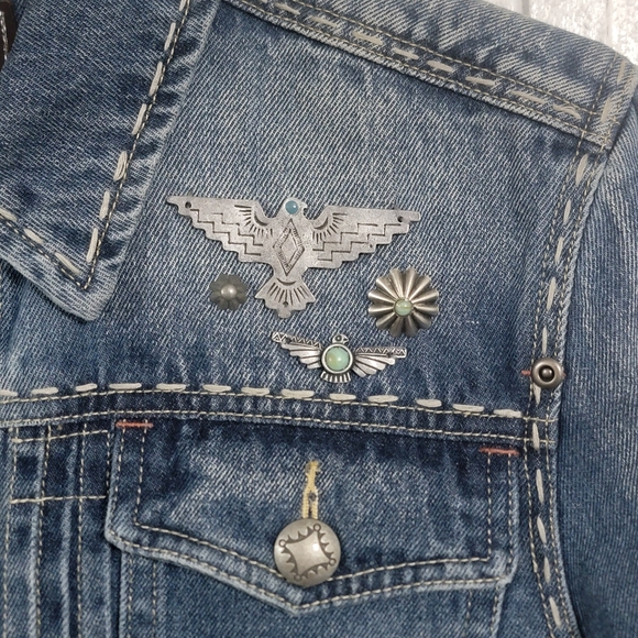 Double D Ranch x Kimo Sabe Denim Jacket Medium Flag Back Pins Western Boho - Picture 3 of 9